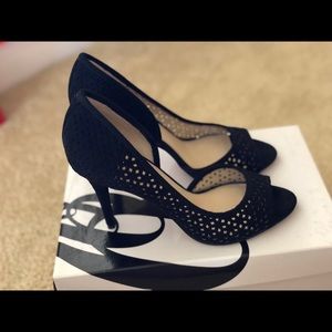 Nine West, black open toed suede heels, 7.5